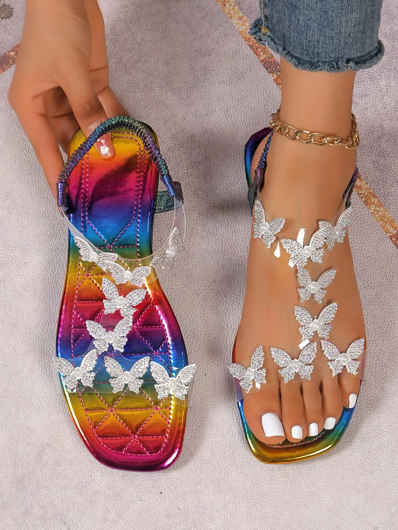 Women's Fashionable Butterfly / Flower Design Sandals, Casual Open Toe Rhinestone Decorated Slingback Sandals for Summer, Lightweight Sandals for Daily Wear