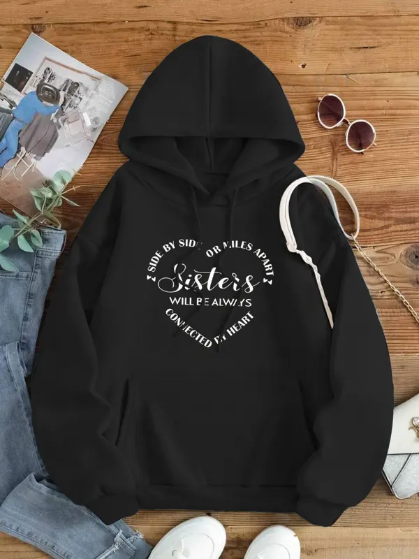 Women's Letter Print Drawstring Pocket Hoodie, Fashion Casual Hooded Sweatshirt for Daily Holiday Outdoor Wear, Women Clothing for Fall & Winter 1