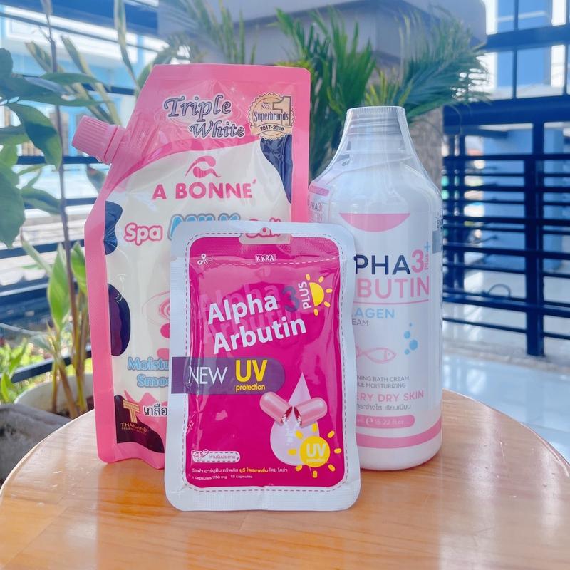Combo Sữa tắm Alpha Arbutin 350ml + Tẩy tế bào chết muối bò 350g + vỉ Alpha tẩy  da 3