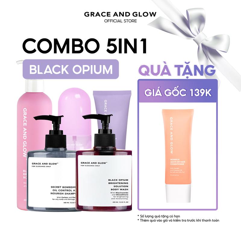 [Tặng kèm 1 Kem dưỡng tóc] Bộ 5in1 sản phẩm tắm chăm sóc cơ thể Grace and Glow Black Opium, English Pear 1250ml Sữa tắm dưỡng thể, dầu gội, lăn khử mùi, xịt dưỡng tóc Women Serum