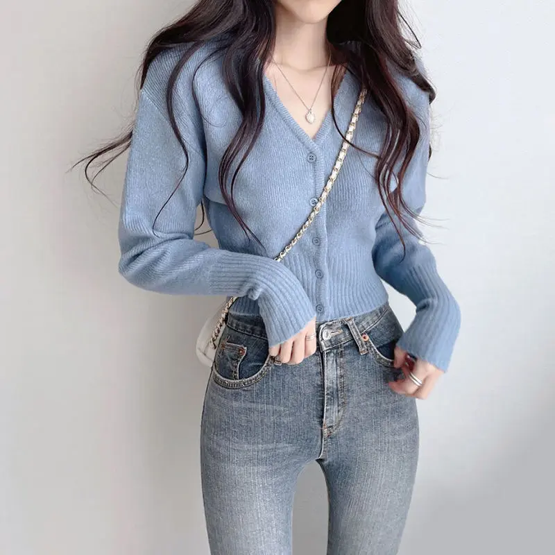 Áo Cardigan Dệt Kim, Xương Phong Cách Hàn Quốc, Hàng Mới Về Mùa Thu Và Mùa Đông, Cổ Chữ V, Tay Áo Dài, Ôm Sát, Áo Len Ngắn, Màu Trơn Thanh Lịch Và Hợp Xu hướng Hỗ Trợ Bên Ngoài