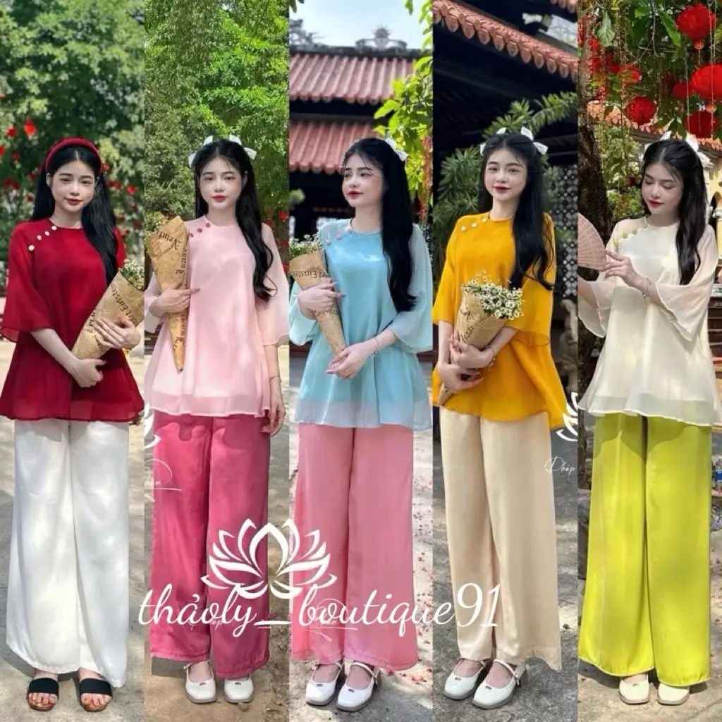 set ÁO TƠ XOÈ ĐÍNH NÚT BỌC  Mặc tết,đi chùa