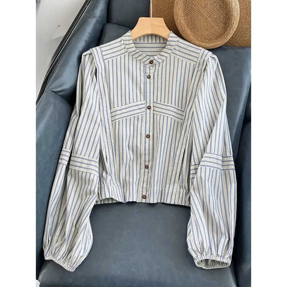LUXME【ready stock】 Kemeja Bergaris Biru Korea Pakaian Trendi Wanita