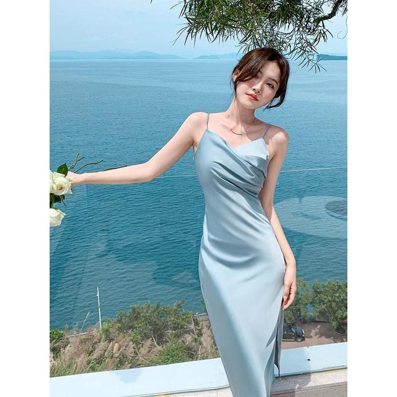 D2829-French blue suspender dress, women's summer satin texture, high-end feeling, slim fit temperament, design sense, unique dress 3