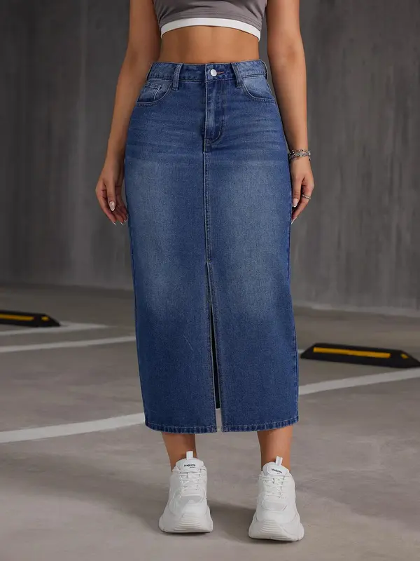 Women's Split Hem Bodycon Denim Skirt, Fashion Casual High Waist Midi Skirt for Daily Outdoor Wear, Ladies Bottoms for Summer 0