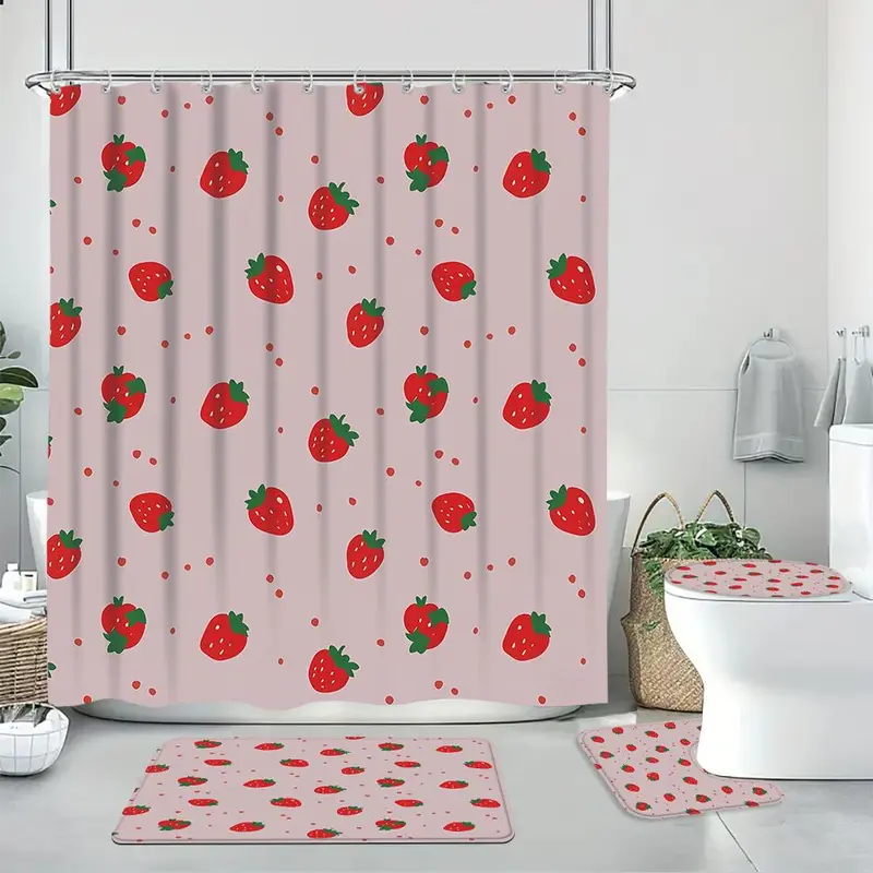 Strawberry Pattern Bathroom Set, 1 Count Shower Curtain Or 4 Counts Shower Curtain & Toilet Cover & Bathroom Mat, Bathroom Accessories for Home Dormitory Hotel Decor 3