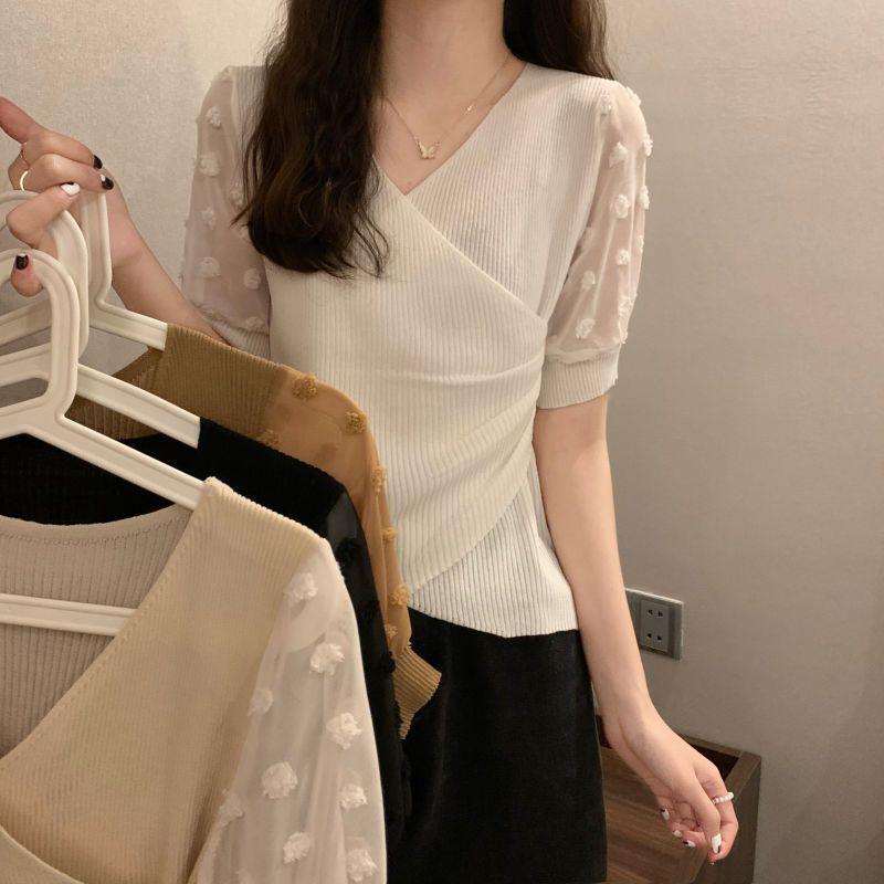 Product Introduction of Áo Thun Thiết Kế Voan Dáng Ôm, Knatwear, Cổ Chữ V, Ngắn, Dành Cho Nữ, Màu Đỏ Ngủ, Quần Áo Nữ 9