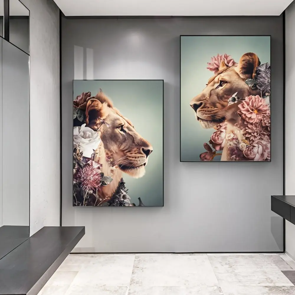 Lion & Flower Pattern Unframed Painting, 2pcs/set Canvas Wall Art, Decorative Painting for Home Living Room Bedroom
