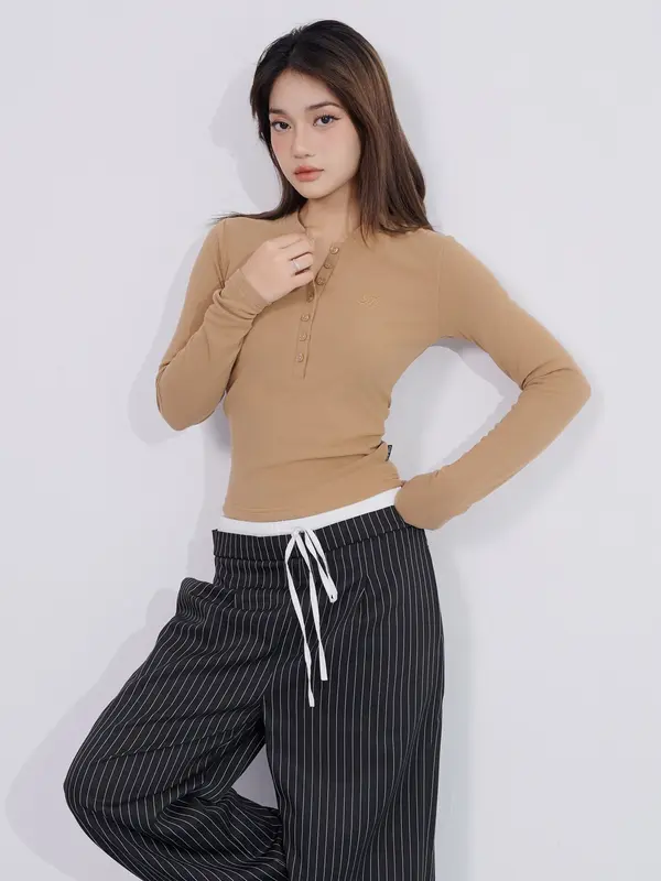 THEKIM Áo thun dài tay cổ tròn cúc ngực , chất liệu Rib cloud 100% cotton vải dày mềm mịn T259 8