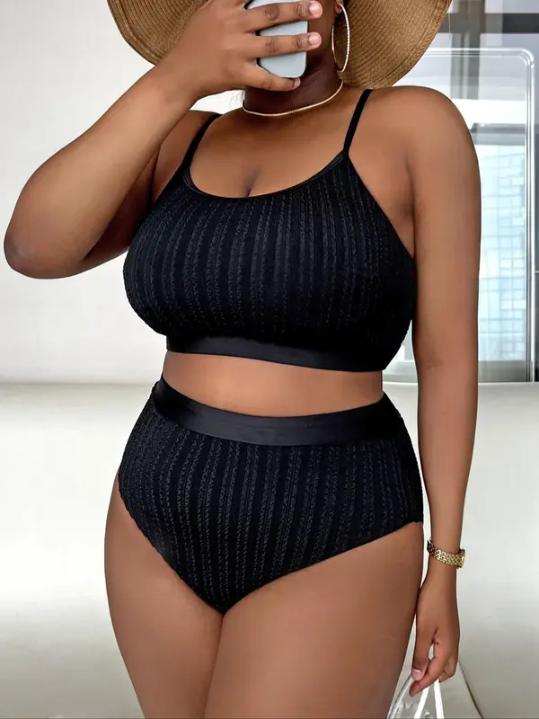 Plus Size Summer Textured Bikini Set, Casual Comfy Swim Top & High Waist Swim Bottom Swimsuit Set, Women's Swimwear for Summer, Tankini Outfit, Tankini Swimsuits Women 0