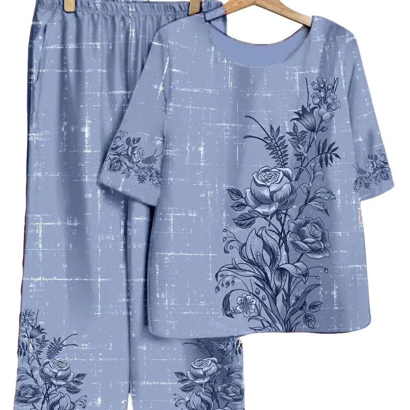  Đồ bộ cho mẹ cho bà chất lụa mềm mát  Nữ Women Voi Áo Top Polo Sen Kem Hoa Sen Quần Ngủ Áo ngủ Pijama 