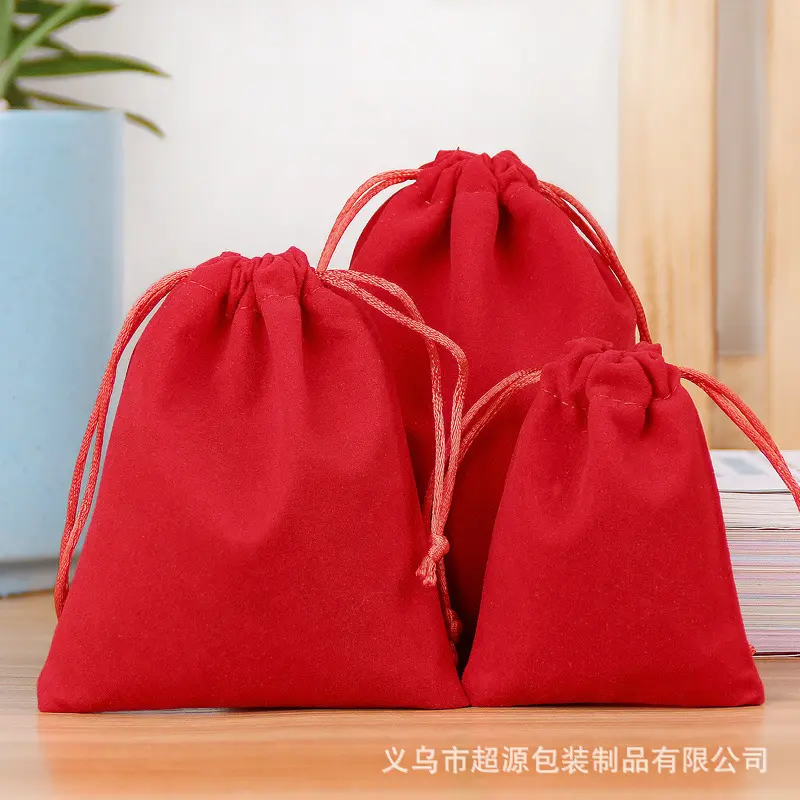 Túi Nhung, Cao Cấp, Màu Đỏ, Viền Vàng, Miệng Vàng, Túi Trang Sức, Có Dây Rút, Túi Đóng Gói Quà Tặng, Thích Hợp Cho Phụ Kiện