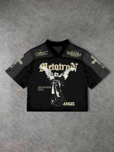 Camiseta para hombre con estampado de ángel y letras, cuello en V, manga corta, casual para verano, top para uso diario, ropa urbana
