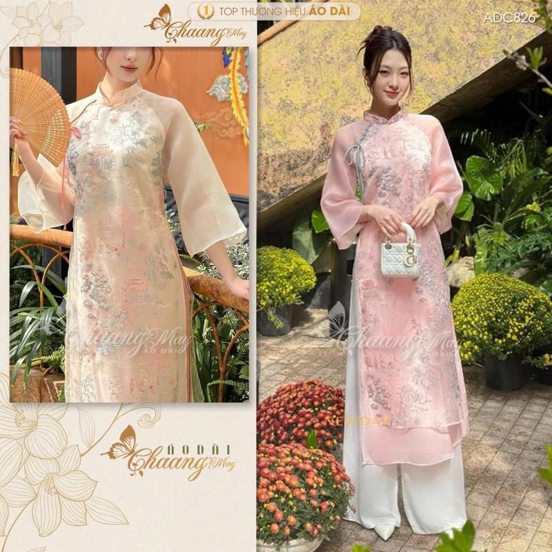  Áo dài cách tân nữ hồng Xuân Viên Thủy Mạc CHAANG May sẵn ADC826 áo dài lụa thêu hoa nhí 4 tà dự tiệc cưới lễ tết đẹp Kem Women Dress 