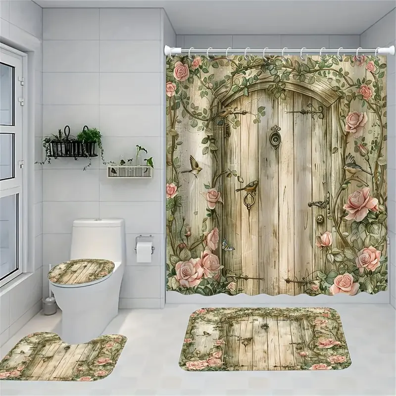 Rose Secret Door Pattern Bathroom Decorations, 4 Counts/set Including Shower Curtain & Toilet U-shape Mat & Bathroom Mat & Toilet Lid Cover, Bathroom Accessories 3