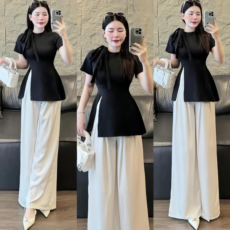 Set đồ nữ áo tăm tay ngắn xẻ tà thắt nơ bên vai kèm quần dài ống rộng xinh xắn sang chảnh dành cho các nàng đi tiệc, đi chơi Top Women