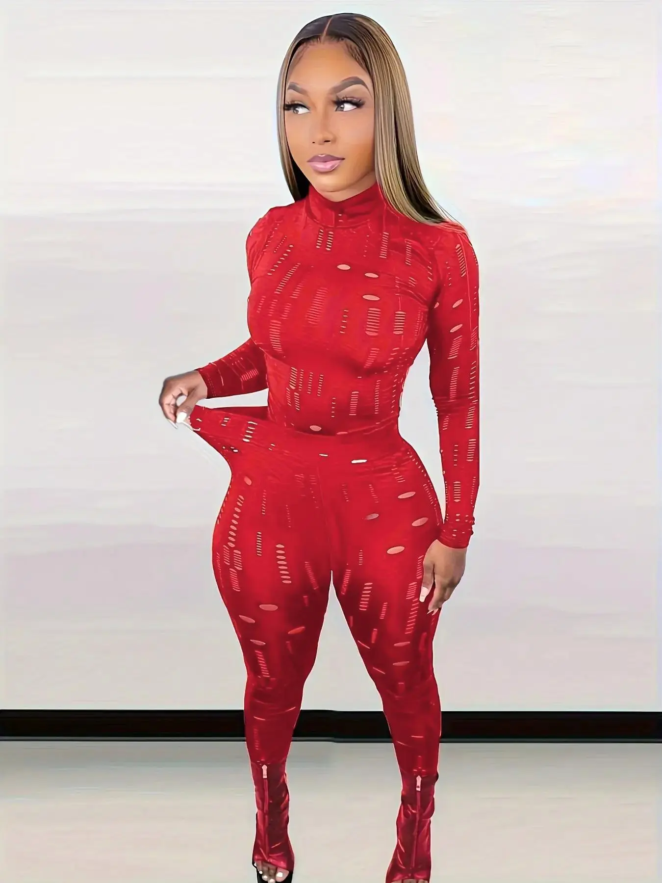 Women's Plain Ripped Long Sleeve High Neck Tee & Skinny Pants Set, Casual Sexy Tight Sleeve Tops & Leggings for Daily Outdoor, Ladies Fall & Winter Clothes Valentine's Day, gift