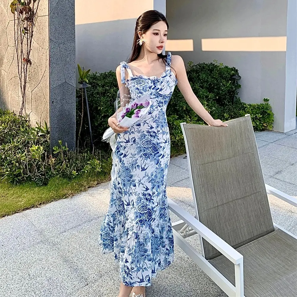 （7845 ）baju elegant party dress biru bodycon midi pantai tanpa lengan wanita korean style dress terbaru 2024 import