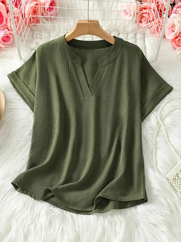 【Plus Size】 Solid Notched Neck Blouses, Casual Top for Summer, Women's Clothing for Daily Wear 3