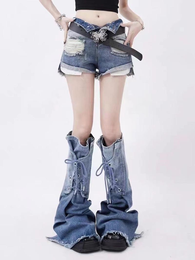 Product Introduction of Đồ Giữ Ấm Chân Mùa Hè, Phong Cách Y2K Millennial Subculture Denim, Màu Gradient Buộc Dây Phong Cách Đường Phố Cô Gái Nóng Bỏng, Thiết Kế Loe Và Xếp Chồng, Vớ 4