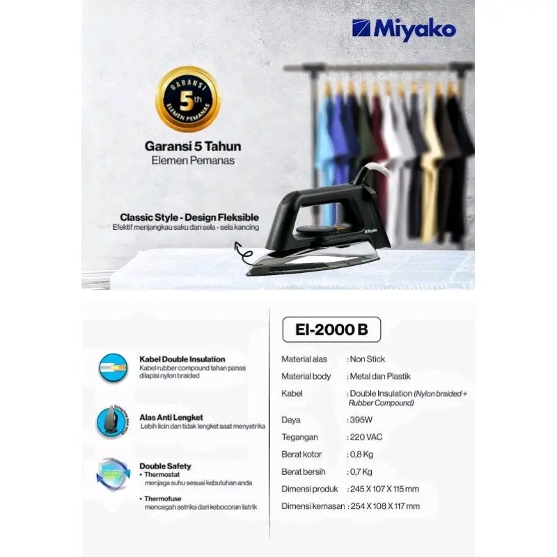 Setrika Listrik Miyako EI 2000 B Setrika Kering Miyako El2000B Setrika Miyako El 2000b Setrikaan Kabel Gosokan Pakaian