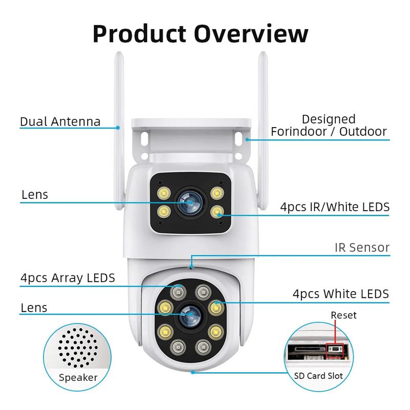 Product Introduction of 4K 8MP PTZ WIFI Camera,Dual Lens Dual Screen IP Camera,4MP HD Auto Tracking Outdoor CCTV Protection Surveillance,App:EseeCloud 8