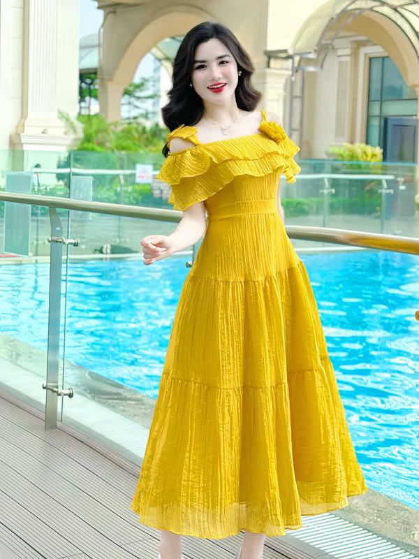 [MIỄN SHIP] MDU4126 Váy Tơ Xốp Nhăn Cao Cấp - Gam Màu Vàng Cùng Chi Tiết Đính Hoa Dịu Dàng Dành Cho Nữ Women Dress 3
