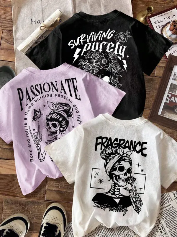 Women's Skull & Floral Print Round Neck Crop Tee, Fashion Casual Drop Shoulder Short Sleeve T-shirt, Ladies Summer Clothes for Daily Wear 0