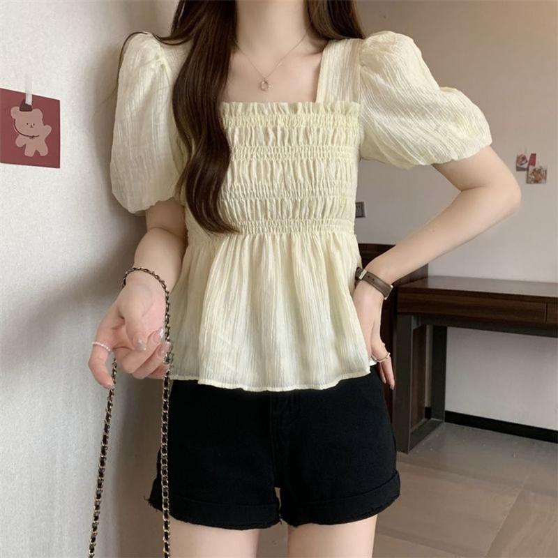 Product Introduction of Áo Voan, Cổ Vuông Phong Cách Pháp, ngắn Tay, Hàng Mới Về Mùa Hè 2025, Tay Phồng Duyên Dáng Áo Ngắn, Áo Cánh Dáng Rộng Vừa Vặn, Dành Cho Nữ 32