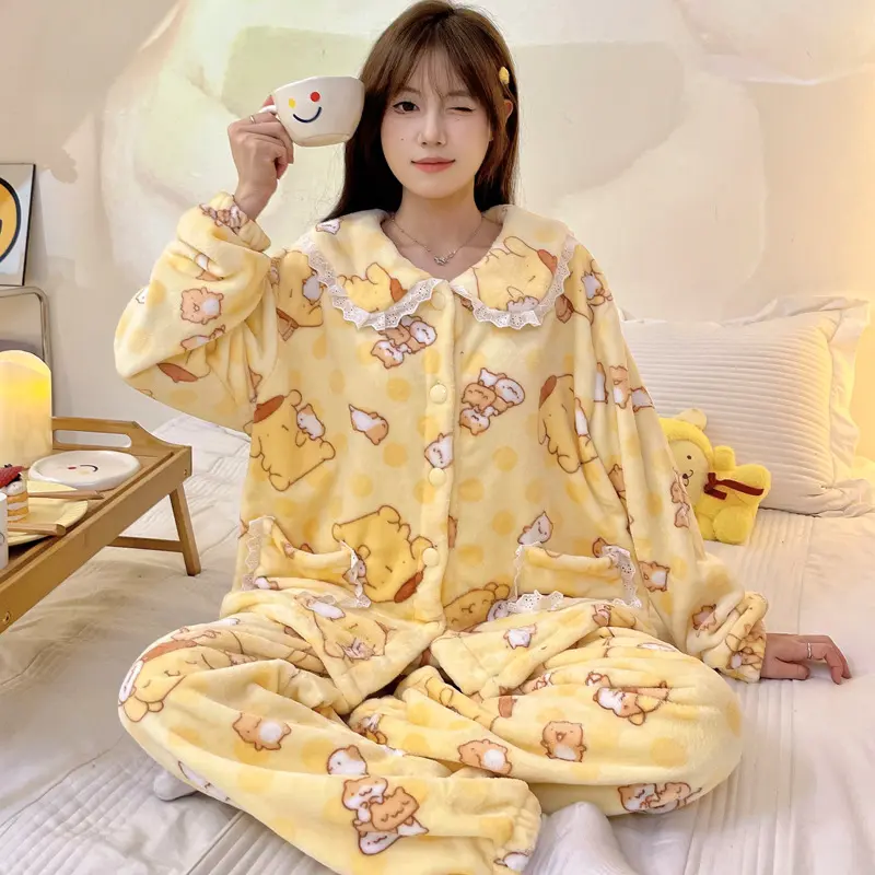 Japanese Doll Collar Custard Pom Pom Purin Flange Coral Velvet Pajamas Female Autumn and Winter New Homewear Suit Loungewear Nightwear Womenswear Bear Lingerie Comfort Pjs Longsleeve