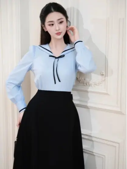 Áo sơ mi dài tay cổ thủy thủ thiết kế đường viền nơ đen tinh tế thanh lịch 410051