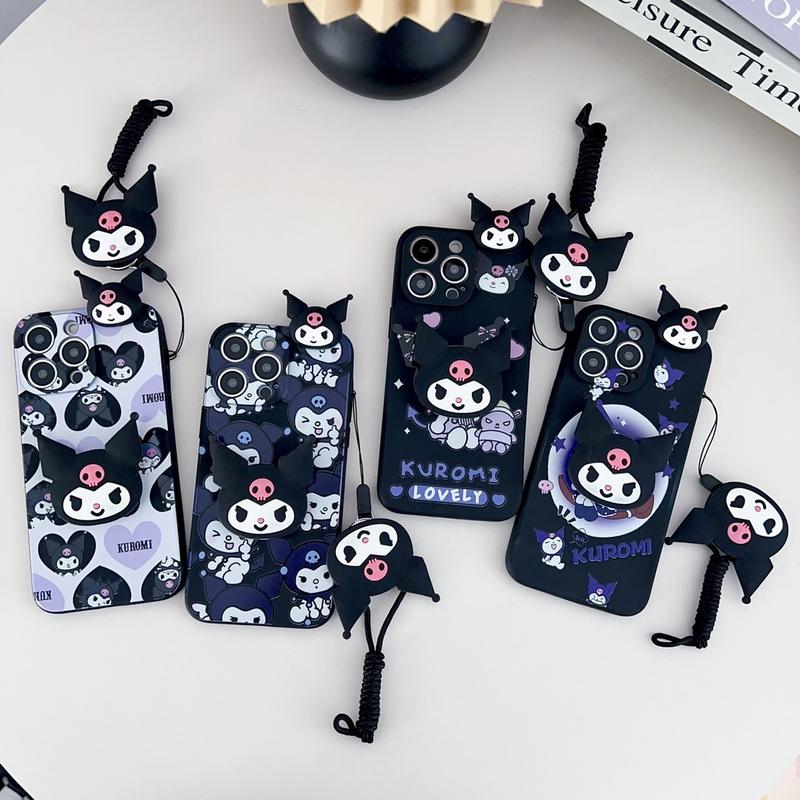 Product Introduction of 3D Cartoon Kuromi Toy With Lanyard Phone Holder Case For iPhone 16 15 14 13 12 11 Pro Max Plus Casing Soft Silicone Strap Rope Cover 13