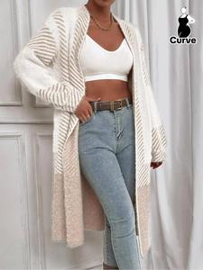 【Plus Size】 Colorblock & Striped Print Drop Shoulder Cardigan, Casual Long Sleeve Open Front Outerwear for Fall & Winter, Gift Set, Women's Clothes for Daily Wear