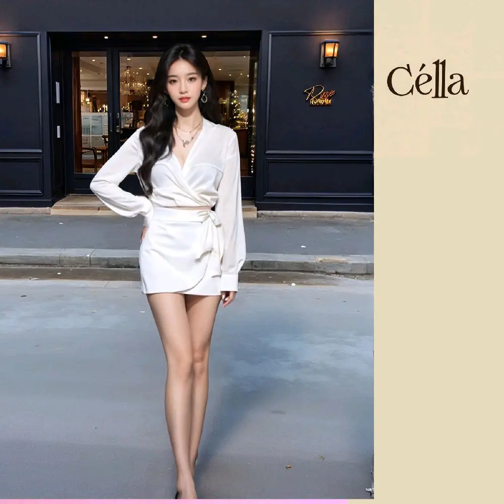 Set Chân Váy Trắng Dáng A Vạt Chéo Thắt Nơ & Áo Sơ Mi Nữ Trắng Kate Lụa, Phong Cách Hàn Quốc, Mặc Đi Chơi Dạo Phố, Size S-XXL - CÉLLA FASHION