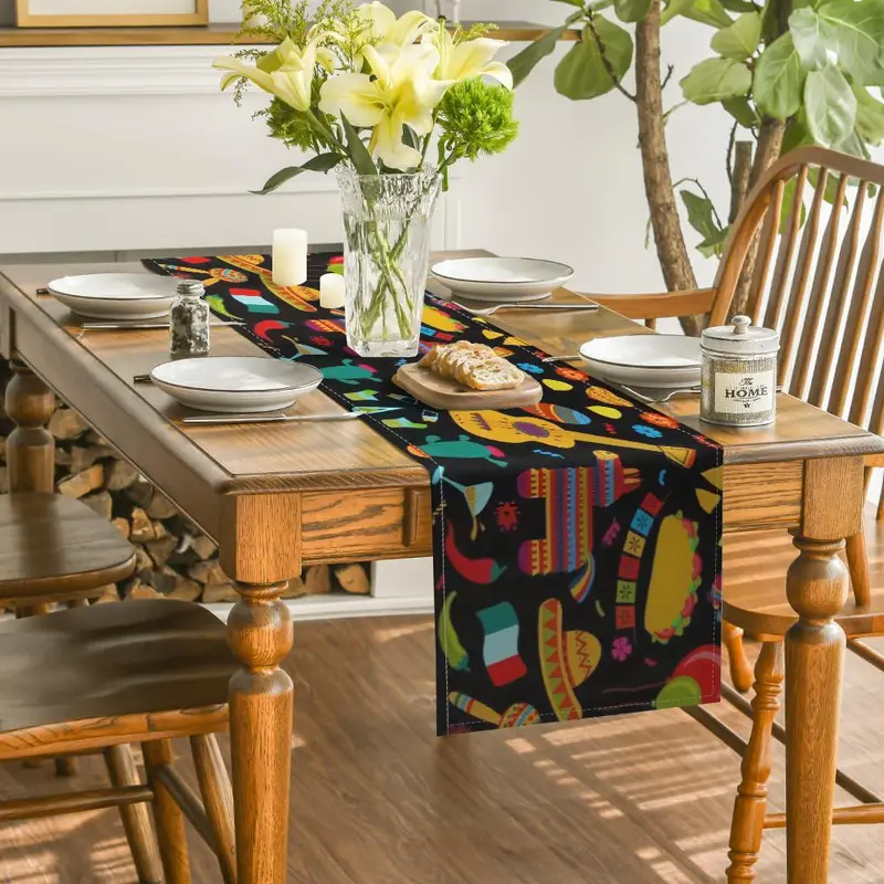 Mexican-themed Table Runner, Colorful Mexican-inspired Design Table Runner, Durable Indoor Outdoor Use Table Decor for Kitchen, Dining Room, Party 3
