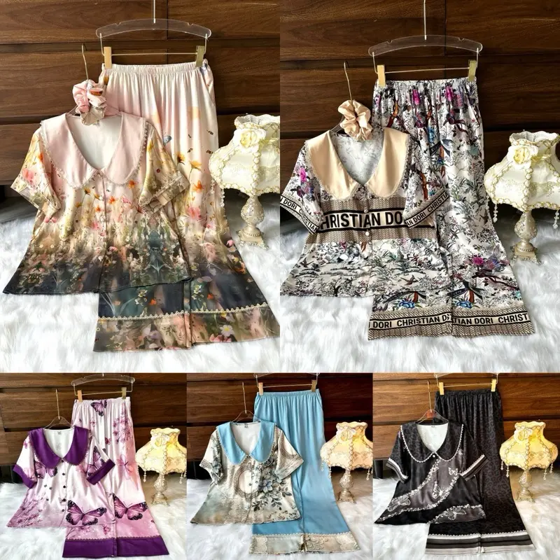 LATIN SPK K31-K35 (45kg-85kg) - Pijama latin lụa mịn thiết kế hoạ tiết nhiều mẫu sang trọng, Có kèm Dây Cột Tóc. Tay dài tay ngắn Nữ Women Quần Ngủ Áo Ngủ Nho Kem Nhung ổ khoá tím cỡ lớn
