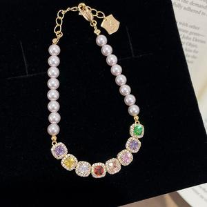 Gelang Tangan Mutiara, Berlian Persegi Disambung, Berwarna-warni Berkilauan, Untuk Wanita, Mampu Milik, Gelang Zirkon Mewah, Aksesori Barang Kemas