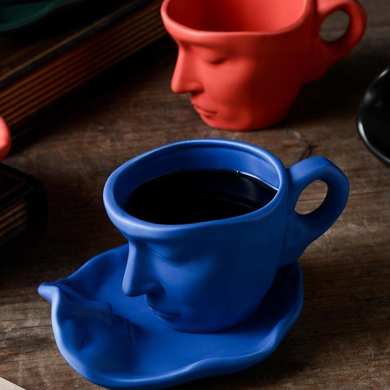 Creative Face Design 250ml Coffee Cup & Saucer Set, 2pcs Ceramics Coffee Mug for Table Novelty Coffee Cup Set for Home Office, Gift Ideas 5