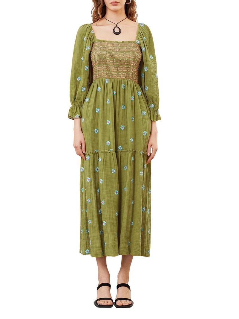 Product Introduction of Women's Floral Embroidery Frill Trim Shirred Flounce Sleeve Dress, Boho Fashion Long Sleeve Square Neck A Line Dress for Daily Holiday Vacation Wear, Ladies Dress for All Seasons, Dresses for Women,  Spring Dress 6