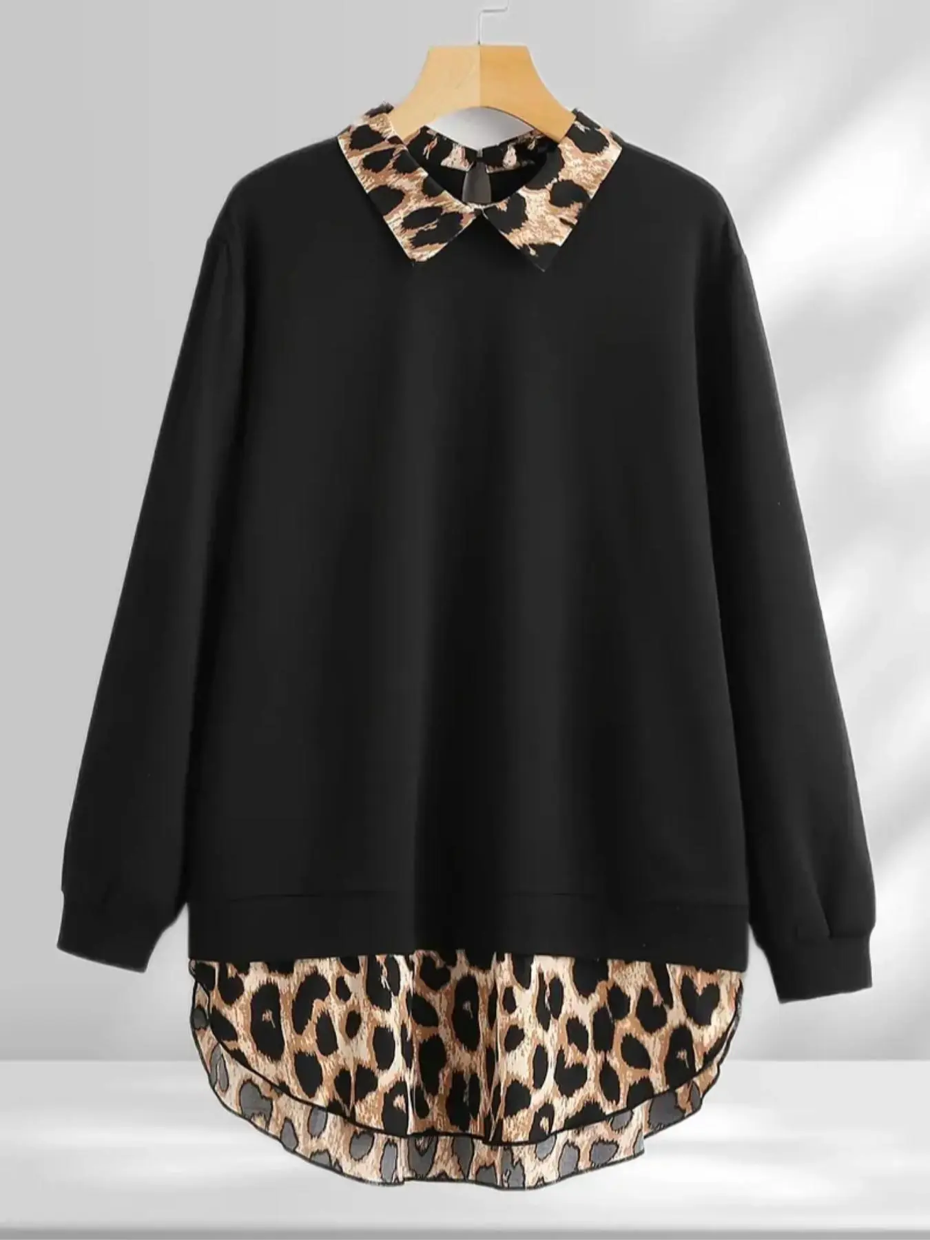 【Plus Size】 Leopard Print Curved Hem Pullover Sweatshirt, Casual Long Sleeve Sweatshirt for Fall & Winter, Women's Clothing for Daily Wear