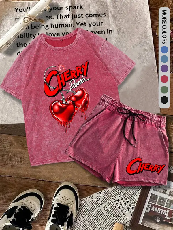 Two-piece Set Women's Cherry Print Tee & Shorts, Casual Round Neck Short Sleeve T-shirt & Shorts, Ladies Summer Clothes for Daily Wear, Suits, Womenswear 1