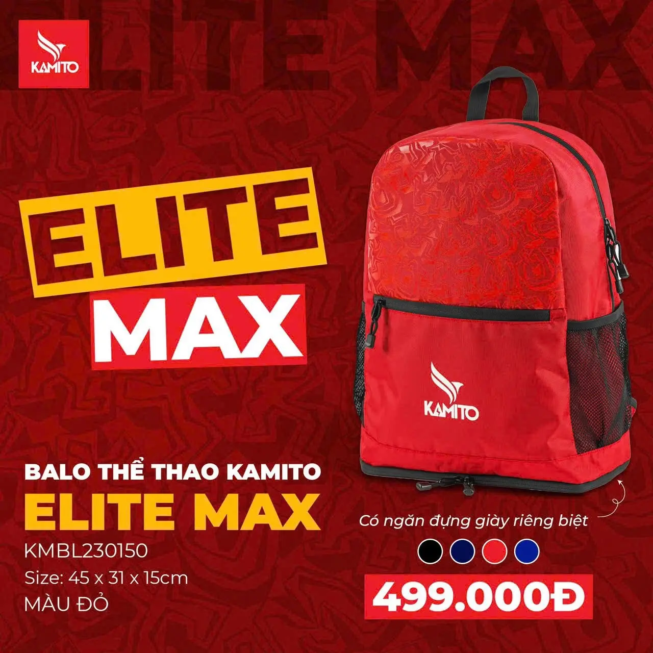 Balo Kamito Elite Max - Màu Đỏ sale Sốc free in ấn tên số