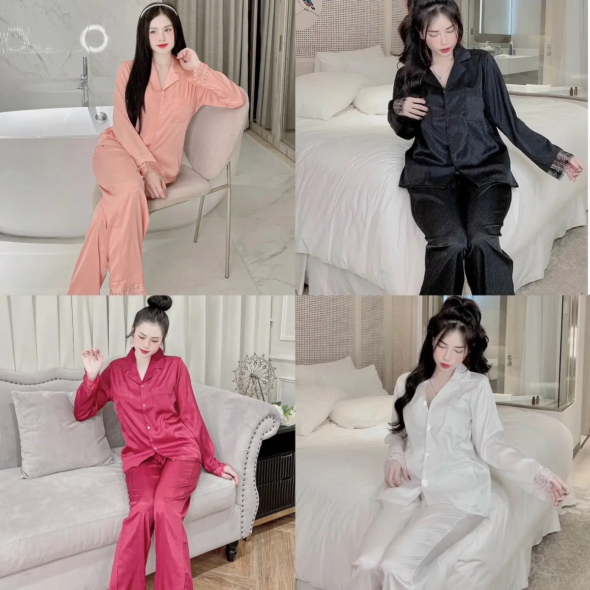 Bộ pijama Lụa Xước Trơn phối Ren Tay dài Quần Dài size 40-60kg Nữ Áo