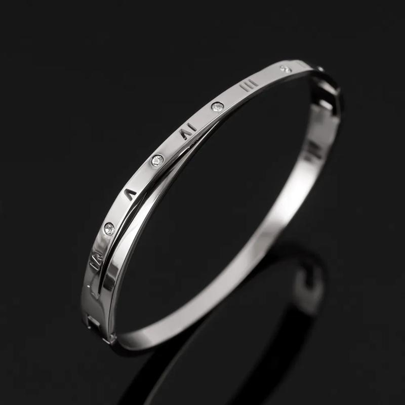 Product Introduction of Yuki's Fashion Roman Numerals Design Bangles Bracelets Cross Crystal Stainless Steel Bracelet For Women Men Luxury Jewelry Gifts 9