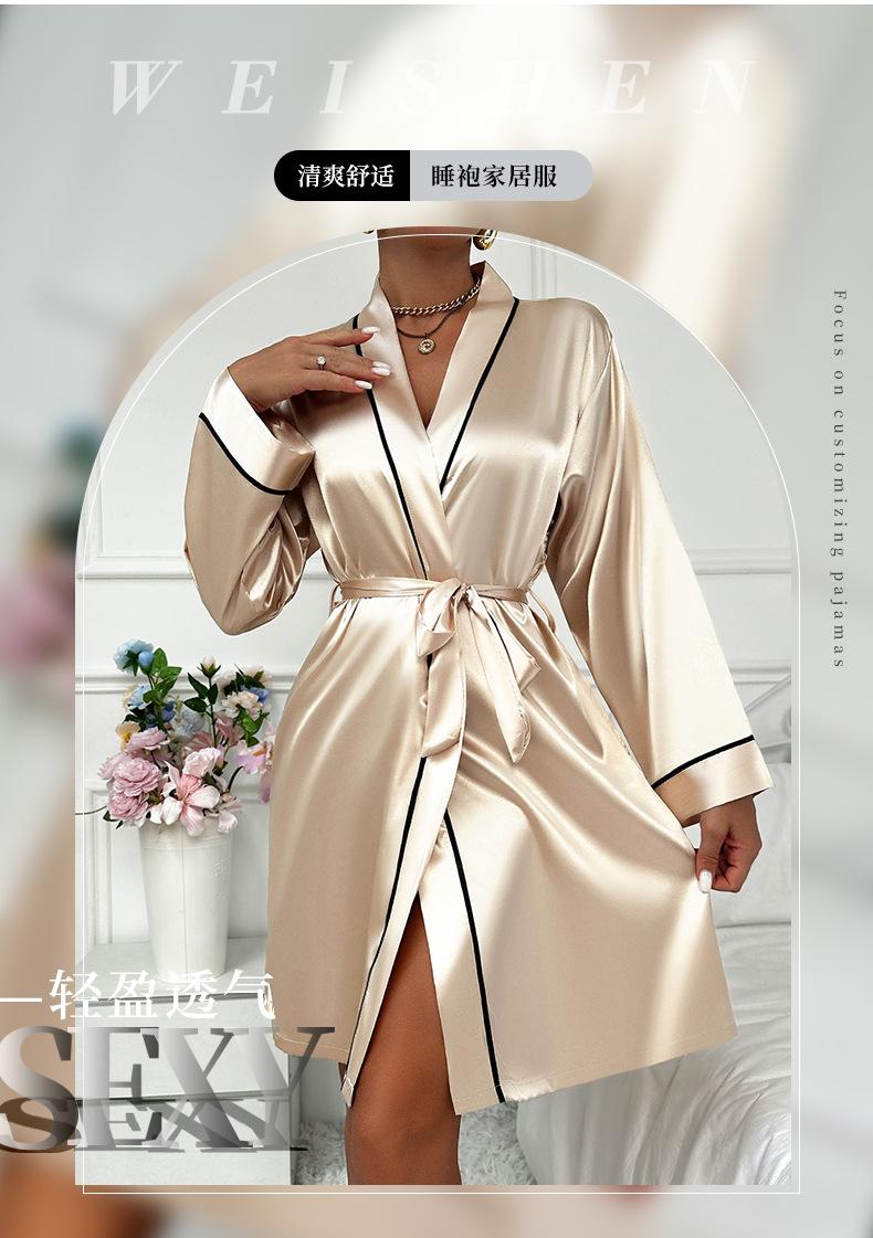 Product Introduction of 2025 Simple Four Seasons Long Sleeve Robe Cardigan Tie Women'S Bathrobe Loungewear European And American Style Imitation Silk Pajamas 1