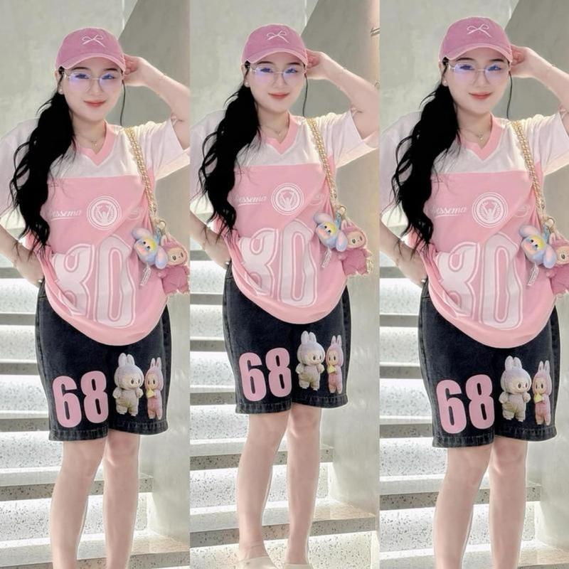 Sét Bộ Jean Ngố Áo Tay Ngắn Cổ Tim Chữ In Hình (Số 11 la bu labu) kèm Quần Jean Ngố Nữ In Số ,Phom 45-65kg Women Kem Top Thun - tuhaodobo Đen