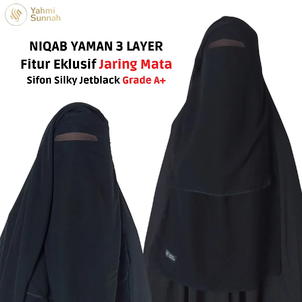 Cadar Yaman Sifon Silky Jetblack 3 Layer Jaring Mata Muslim Hitam