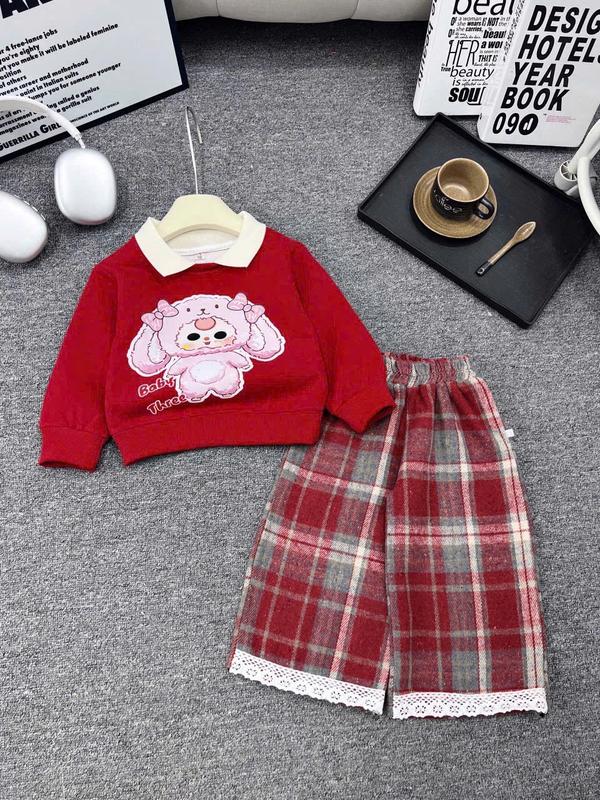 [MeoKids] C49 - Set Bộ Áo Nỉ Phối Cổ Bẻ Kèm Quần Dạ Kẻ Xinh Cho Bé