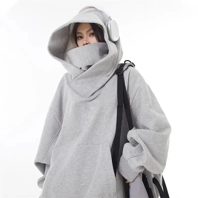 Autumn Solid Color Ninja Men's High Collar Hoodies Y2K Vintage Fleece Hip Hop Hoodies Casual Japanese Clothing Oversized Hoodie Menswear Elegant Hem Ribbed