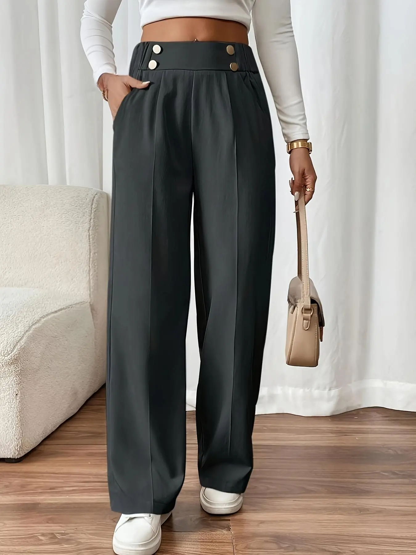 Women's Solid Double Button Pocket Straight Leg Pants, Elegant Chic Elastic Waist Trousers for Work Office Business, Ladies Bottoms for All Seasons